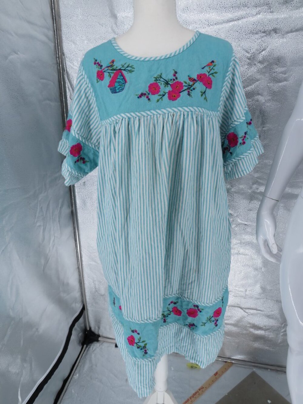 Vintage National Cotton Embroidered Dress Aqua Blue Striped Large Patio House L